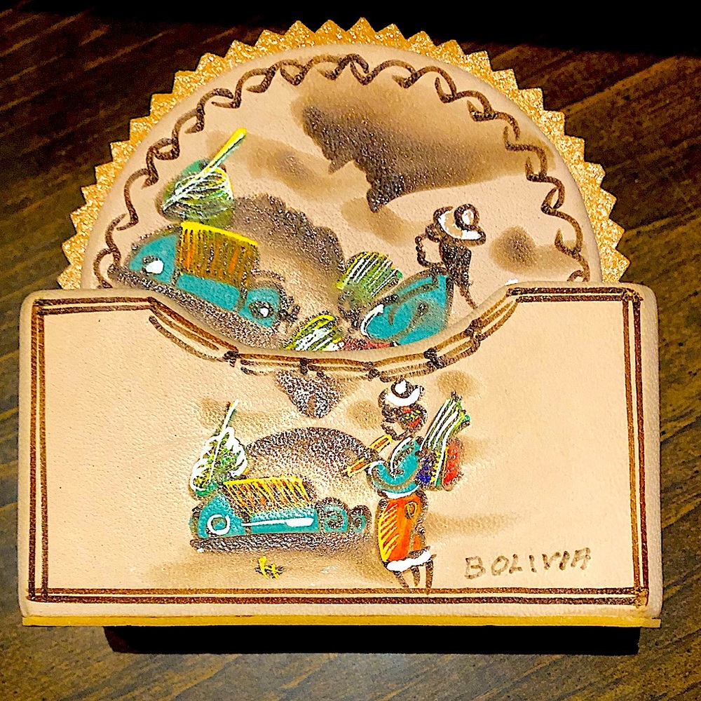 Set of 6 Handpainted Leather coasters with case signed Bolivia